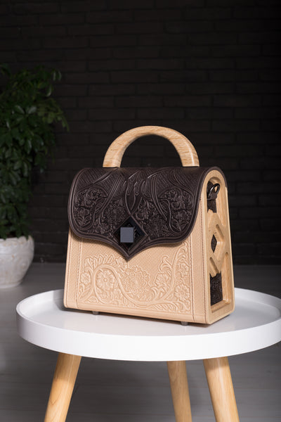 Handmade genuine leather and hardwood bag with unique wood outlets burned design