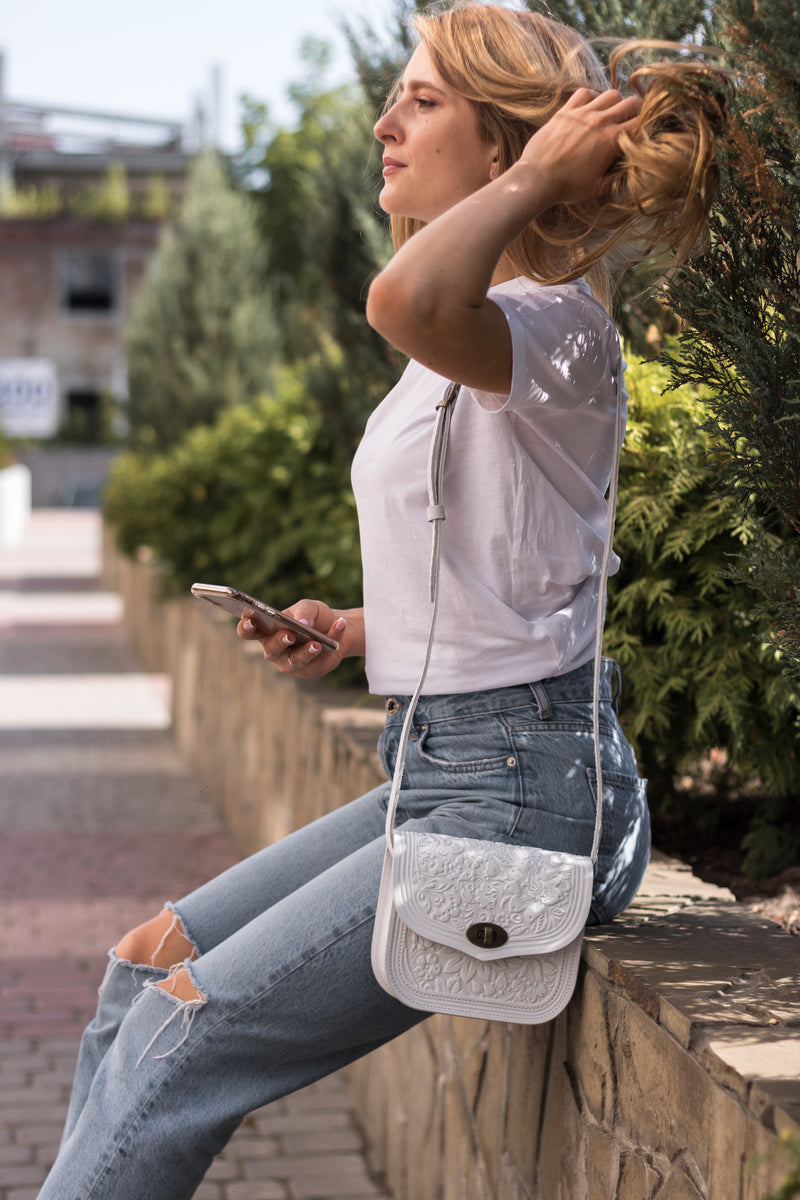 White Leather Purse Handcrafted