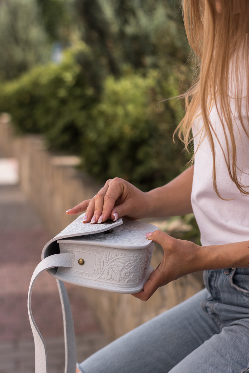 White Leather Purse Handcrafted