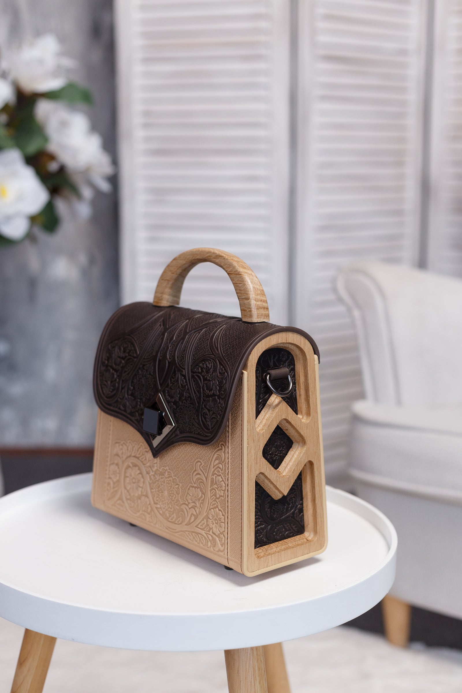 Handmade genuine leather and hardwood bag with unique wood outlets burned design