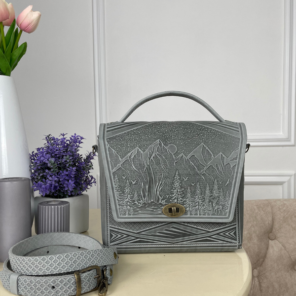 Grey Leather Satchel Bag